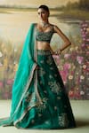 Buy_Shikha Mehta_Green Blouse And Lehenga Raw Silk Embroidered Thread Nazma Floral Paisley Set _at_Aza_Fashions