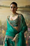 Buy_Shikha Mehta_Green Blouse And Lehenga Raw Silk Embroidered Thread Nazma Floral Paisley Set _Online_at_Aza_Fashions