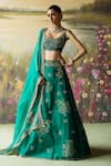 Shop_Shikha Mehta_Green Blouse And Lehenga Raw Silk Embroidered Thread Nazma Floral Paisley Set _Online_at_Aza_Fashions