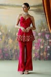 Buy_Shikha Mehta_Red Silk Chanderi Embroidered Thread Nia Strappy Peplum Kurta And Flared Pant Set _at_Aza_Fashions