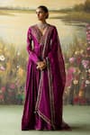 Buy_Shikha Mehta_Purple Anarkali Silk Chanderi Embroidered Thread V-neck Pranika Pant Set _at_Aza_Fashions