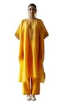 Shop_Shikha Mehta_Yellow Kaftan And Pant Silk Chanderi Embroidered Thread Ruth Floral Vine & Set 