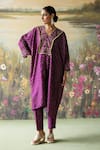 Buy_Shikha Mehta_Purple Silk Embroidered Thread V-neck Tisya Flower Kaftan And Cigarette Pant Set _at_Aza_Fashions