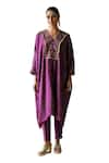 Shop_Shikha Mehta_Purple Silk Embroidered Thread V-neck Tisya Flower Kaftan And Cigarette Pant Set _Online_at_Aza_Fashions