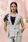 Studio Radical_Grey Jacket And Pant Shimmer Silk Embroidered Bead Lapel Collar Work Set _Online_at_Aza_Fashions