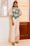 Buy_Studio Radical_Beige Bib Organza Collared Color Blocked Swirl Top And Boot Cut Pant Set _at_Aza_Fashions