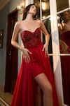 Shop_Vesture_Red Silk, Georgette, Satin, Tulle, Crepe Crystals Embellished Bodice Gown _Online_at_Aza_Fashions