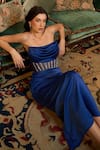Vesture_Blue Satin, Crepe Crystals Cowl Neck Embellished Gown _Online_at_Aza_Fashions