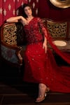 Vesture_Red Tulle Hand Embroidery Leaf Vine Asymmetric Neck Crystal Gown _Online_at_Aza_Fashions