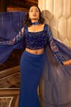 Shop_Vesture_Blue Tulle Blouse Embroidery Crystal Square Neck Tassel And Skirt Set _at_Aza_Fashions