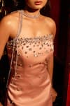 Vesture_Rose Gold Imported Satin Embellished Swarovski Straight Neck Studded Dress _Online_at_Aza_Fashions