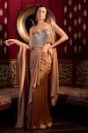 Buy_Vesture_Gold Natural Crepe And Tulle Textured Cowl Neck Molten Draped Corset And Skirt Set _at_Aza_Fashions