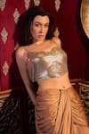 Buy_Vesture_Gold Natural Crepe And Tulle Textured Cowl Neck Molten Draped Corset And Skirt Set _Online_at_Aza_Fashions