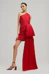 Buy_Brinda Sneha_Red Liquid Satin Plain Asymmetric Brigid Half Bow Applique Mini Dress _at_Aza_Fashions