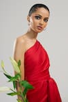 Brinda Sneha_Red Liquid Satin Plain Asymmetric Brigid Half Bow Applique Mini Dress _Online_at_Aza_Fashions