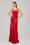 Buy_Brinda Sneha_Red Liquid Satin Placement Applique Rosette Halter Neck Gloria Gown _at_Aza_Fashions