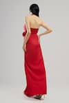 Shop_Brinda Sneha_Red Liquid Satin Placement Applique Rosette Halter Neck Gloria Gown _at_Aza_Fashions