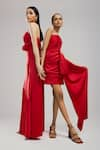 Brinda Sneha_Red Liquid Satin Placement Applique Rosette Halter Neck Gloria Gown _Online_at_Aza_Fashions