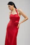 Buy_Brinda Sneha_Red Liquid Satin Placement Applique Rosette Halter Neck Gloria Gown _Online_at_Aza_Fashions