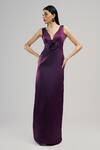 Buy_Brinda Sneha_Purple Bridal Satin Applique Rosette Plunge Neck Dahlia Gown _at_Aza_Fashions