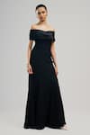 Buy_Brinda Sneha_Black Textured Crepe And Bridal Satin Plain Straight Neck Diana Off Shoulder Gown _at_Aza_Fashions