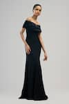 Brinda Sneha_Black Textured Crepe And Bridal Satin Plain Straight Neck Diana Off Shoulder Gown _Online_at_Aza_Fashions