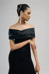 Buy_Brinda Sneha_Black Textured Crepe And Bridal Satin Plain Straight Neck Diana Off Shoulder Gown _Online_at_Aza_Fashions