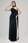 Buy_Brinda Sneha_Black Textured Crepe Plain Asymmetric Phoenix Gown _at_Aza_Fashions