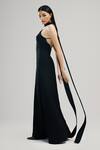 Brinda Sneha_Black Textured Crepe Plain Asymmetric Phoenix Gown _Online_at_Aza_Fashions