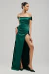 Buy_Brinda Sneha_Green Liquid Satin Plain Straight Neck Hazel Thigh Slit Gown _at_Aza_Fashions