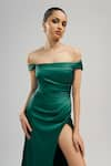 Brinda Sneha_Green Liquid Satin Plain Straight Neck Hazel Thigh Slit Gown _Online_at_Aza_Fashions