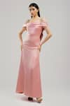 Buy_Brinda Sneha_Peach Velveteen Satin Plain Cowl Neck Aurora Draped Gown _at_Aza_Fashions