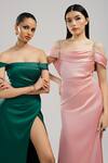 Brinda Sneha_Peach Velveteen Satin Plain Cowl Neck Aurora Draped Gown _Online_at_Aza_Fashions