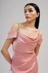 Shop_Brinda Sneha_Peach Velveteen Satin Plain Cowl Neck Aurora Draped Gown _Online_at_Aza_Fashions