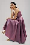 Brinda Sneha_Purple Textured Satin Plain Square Neck Zia Pleated Dress _Online_at_Aza_Fashions