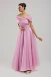 Buy_Brinda Sneha_Pink Foil Organza Plain Asymmetric Lily Pleated Gown _at_Aza_Fashions