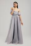 Buy_Brinda Sneha_Grey Foil Organza Plain Sweetheart Neck Celeste Draped Bodice Gown _at_Aza_Fashions