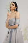 Brinda Sneha_Grey Foil Organza Plain Sweetheart Neck Celeste Draped Bodice Gown _Online_at_Aza_Fashions