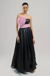 Buy_Brinda Sneha_Black Foil Organza Applique Rosette Straight Neck Odin Gown With Belt _at_Aza_Fashions