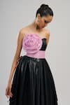 Brinda Sneha_Black Foil Organza Applique Rosette Straight Neck Odin Gown With Belt _Online_at_Aza_Fashions