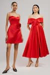 Shop_Brinda Sneha_Red Bridal Satin Applique Rosette Sweetheart Neck Blair Short Dress With Belt _Online_at_Aza_Fashions