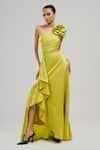 Buy_Brinda Sneha_Green Velveteen Satin Applique Rosette Asymmetric Elixir Gown _at_Aza_Fashions