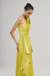 Shop_Brinda Sneha_Green Velveteen Satin Applique Rosette Asymmetric Elixir Gown _Online_at_Aza_Fashions