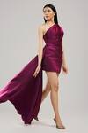 Brinda Sneha_Purple Velveteen Satin Plain Asymmetric Ophelia Bodycon Dress _Online_at_Aza_Fashions