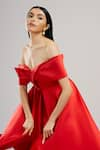 Brinda Sneha_Red Bridal Satin Plain Asymmetric Amber Bow Shaped Bodice Dress _Online_at_Aza_Fashions