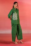 Kameez_Green Poplin Embroidery Thread Collar Floral Placement Shirt And Pant Set _Online_at_Aza_Fashions