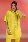 Kameez_Yellow Poplin Embroidery Thread Collar Sunlit Floral Shirt And Pant Set _at_Aza_Fashions