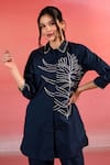 Kameez_Blue Poplin Embroidery Thread Collar Bloom Shirt And Pant Set _at_Aza_Fashions