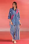 Buy_Kameez_Blue Cotton Printed Stripe Collar Marine Shirt And Pant Set _at_Aza_Fashions