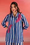 Kameez_Blue Cotton Printed Stripe Collar Marine Shirt And Pant Set _Online_at_Aza_Fashions